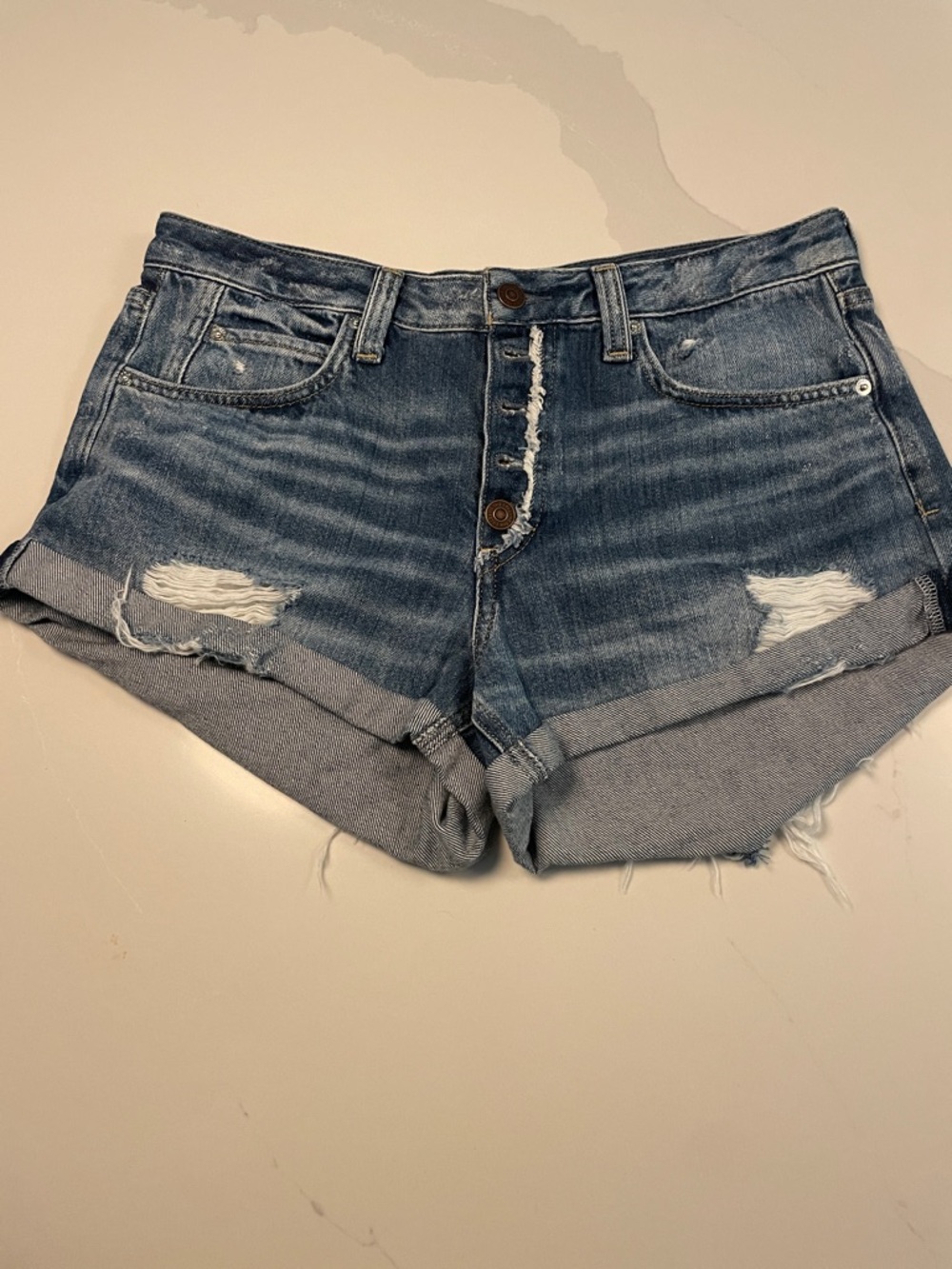 We The Free Denim Rolled Hem Distressed Women’s Shorts - Blue